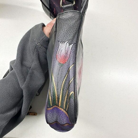 Anuschka Purple Black Floral Hand Painted Leather Crossbody Bag + Card Holder - Picture 6 of 15